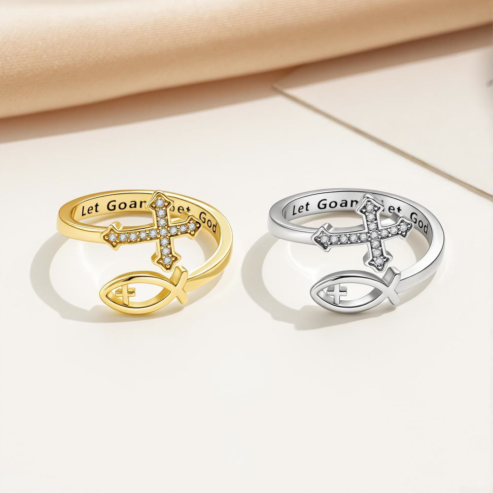 Christianartworkshop Verstellbarer Ring mit Ichthys-Kreuz und Steineinlage: Symbol zeitlosen göttlichen Friedens - image 1
