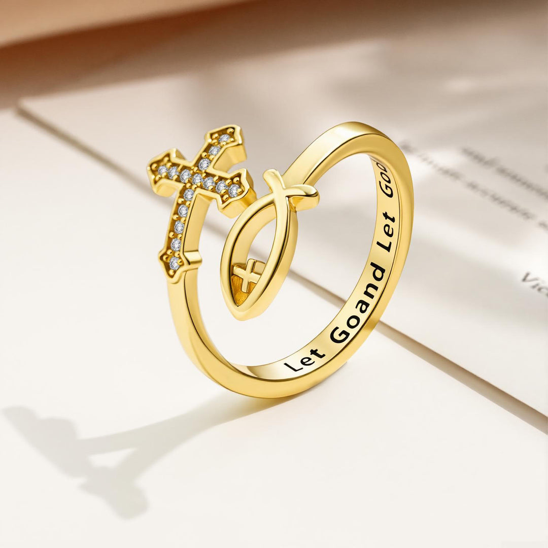 Christianartworkshop Verstellbarer Ring mit Ichthys-Kreuz und Steineinlage: Symbol zeitlosen göttlichen Friedens - Golden (Geeignet für US-Größen 6 - 9) - image 2