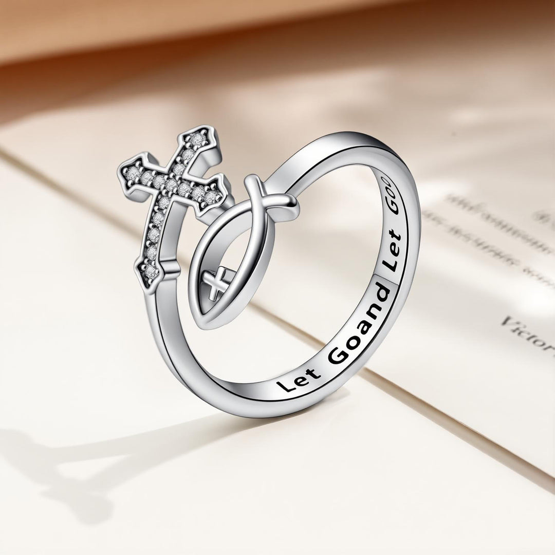 Christianartworkshop Verstellbarer Ring mit Ichthys-Kreuz und Steineinlage: Symbol zeitlosen göttlichen Friedens - Silber (Geeignet für US-Größen 6 - 9) - image 3