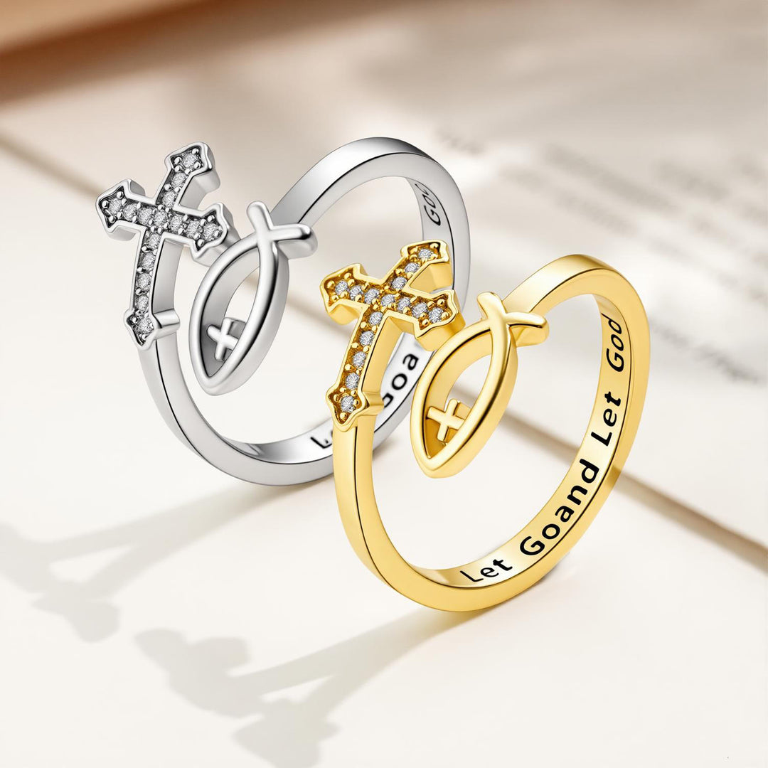 Christianartworkshop Verstellbarer Ring mit Ichthys-Kreuz und Steineinlage: Symbol zeitlosen göttlichen Friedens - image 0