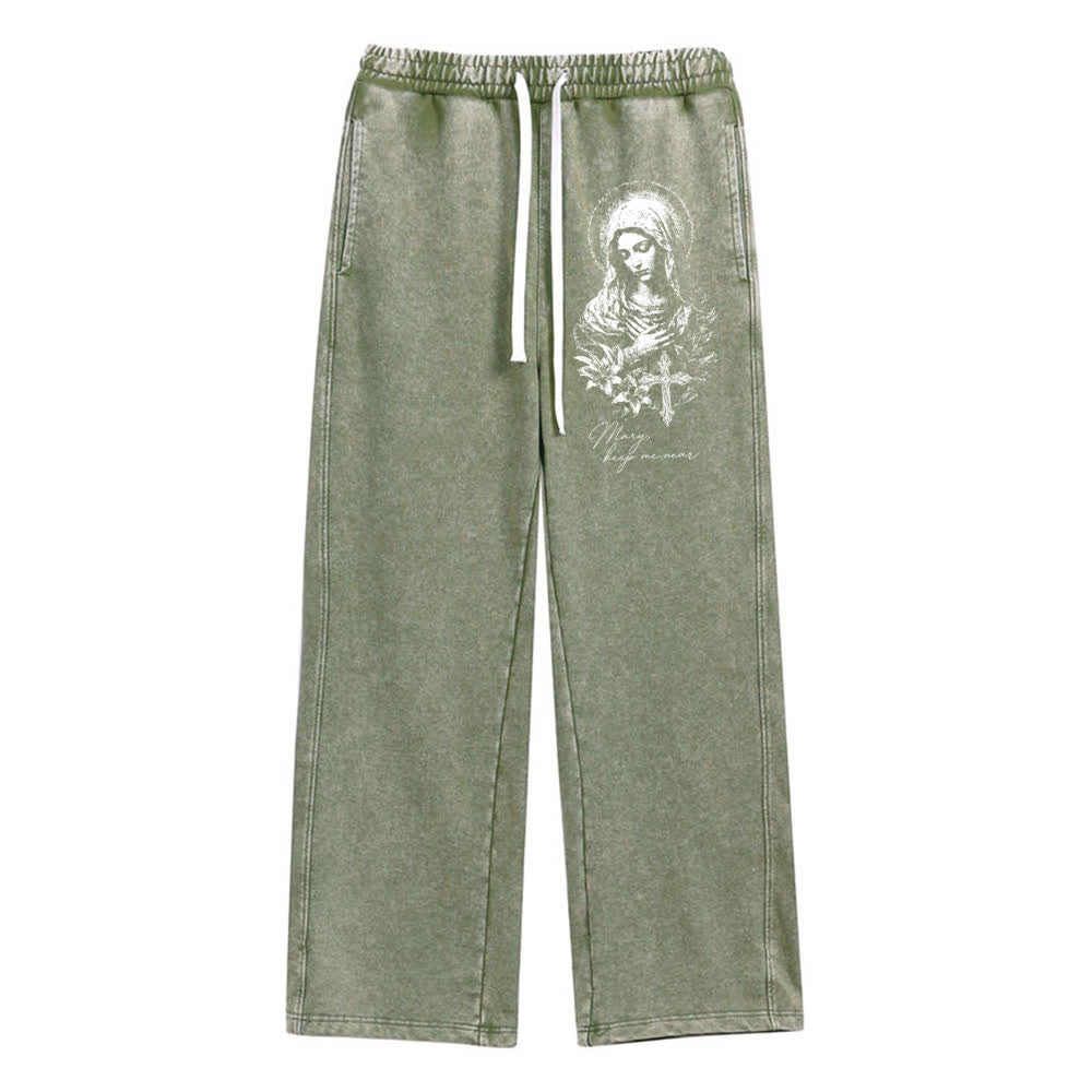 Christianartworkshop Vintage Sketch Mary Floral Cross Statement Washed Sweatpants - Armeegrün - 2XL - image 0