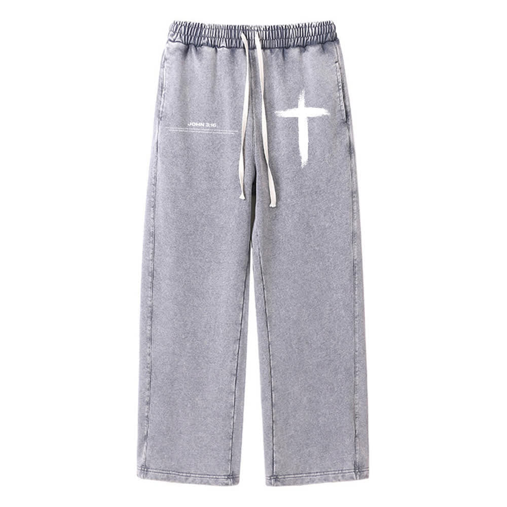 Christianartworkshop Pinselstrich-Kreuz Johannes 3:16 Bibelzitat Gewaschene Jogginghose - Grau - 2XL - image 3
