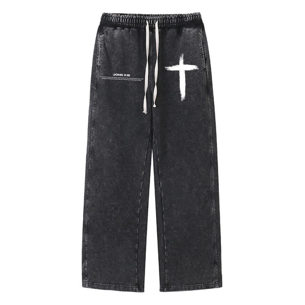 Christianartworkshop Pinselstrich-Kreuz Johannes 3:16 Bibelzitat Gewaschene Jogginghose - Schwarz - 2XL - image 6