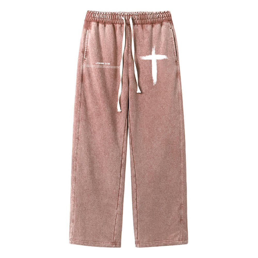 Christianartworkshop Pinselstrich-Kreuz Johannes 3:16 Bibelzitat Gewaschene Jogginghose - Braun - 2XL - image 0