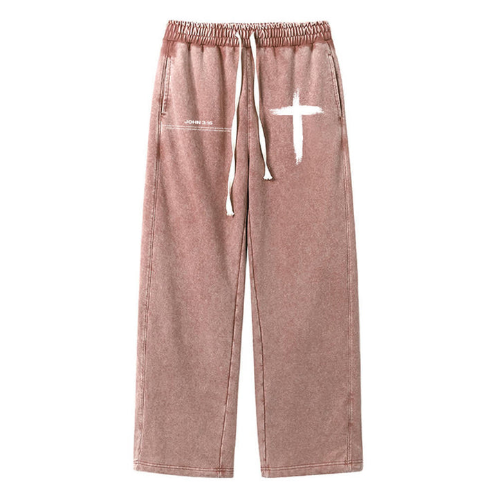 Christianartworkshop Pinselstrich-Kreuz Johannes 3:16 Bibelzitat Gewaschene Jogginghose - Braun - 2XL - image 0