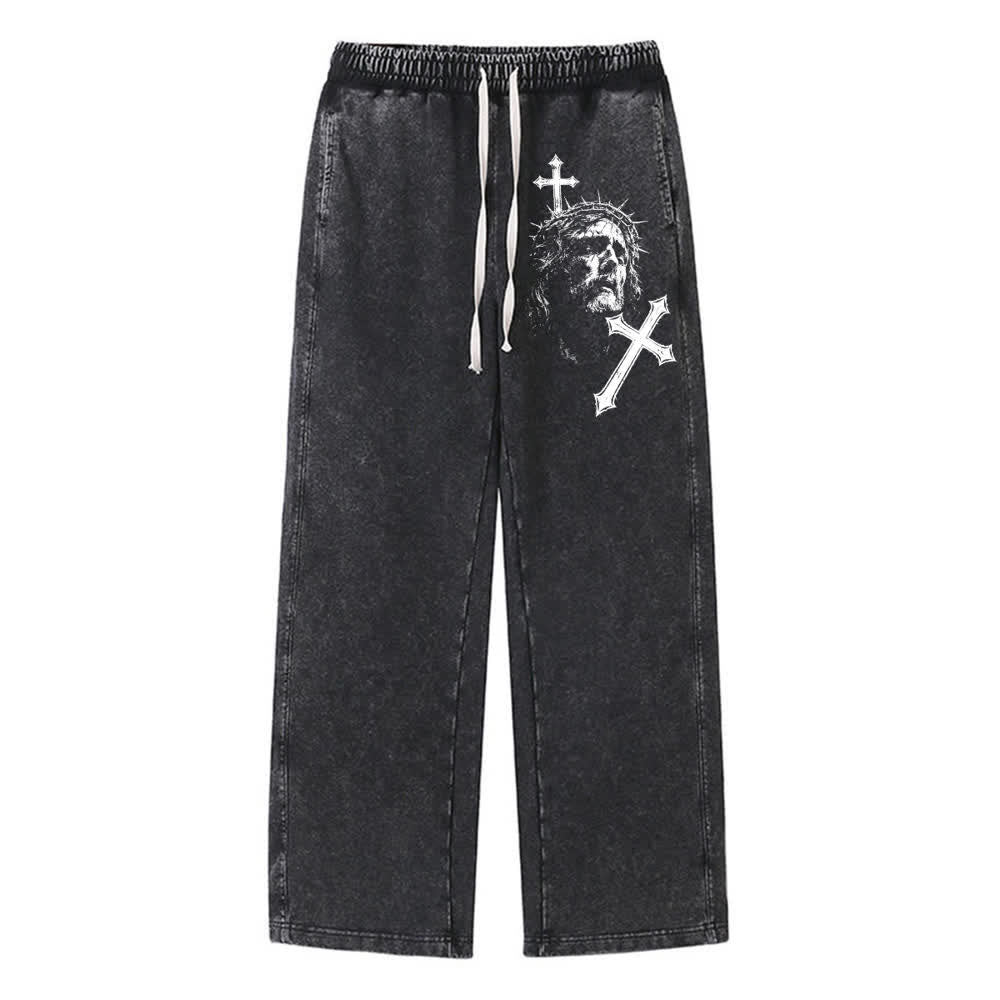 Christianartworkshop Vintage-Skizze Jesus Dornenkrone Kreuz Statement Washed Sweatpants - Schwarz - XL - image 0