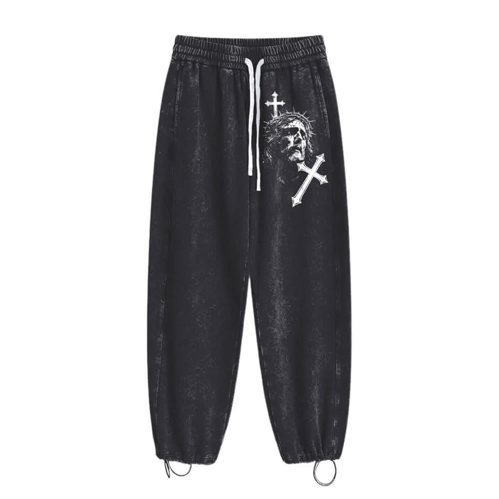Christianartworkshop Vintage-Skizze Jesus Dornenkrone Kreuz Statement Washed Sweatpants - image 1