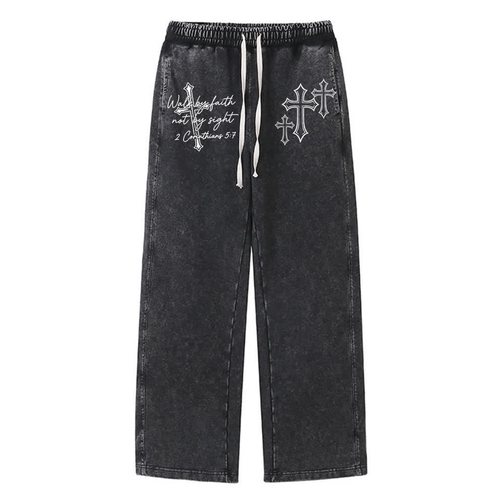 Christianartworkshop Scripture Walk By Faith Ornate Cross Statement Washed Sweatpants - Schwarz - XL - image 0