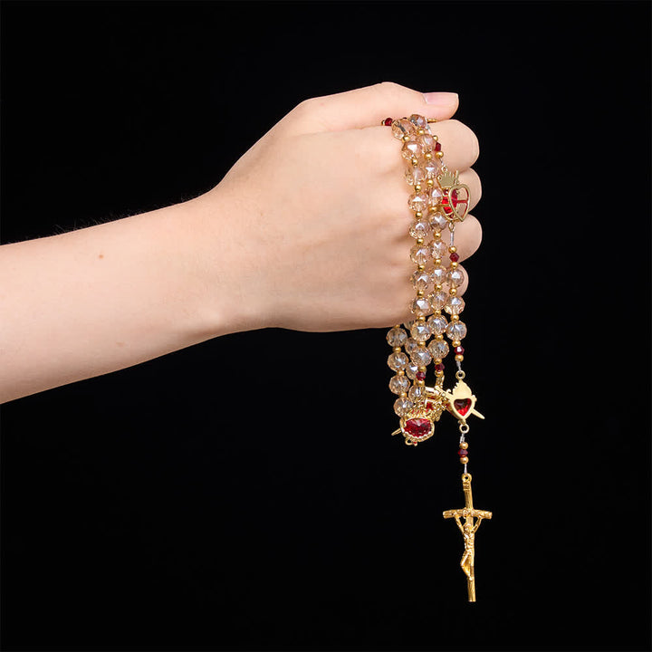 Rosenkranz aus facettiertem Champagnerglas mit Herz-Jesu-Anhängern von Christianartworkshop : Symbol der ewigen göttlichen Liebe - image 1