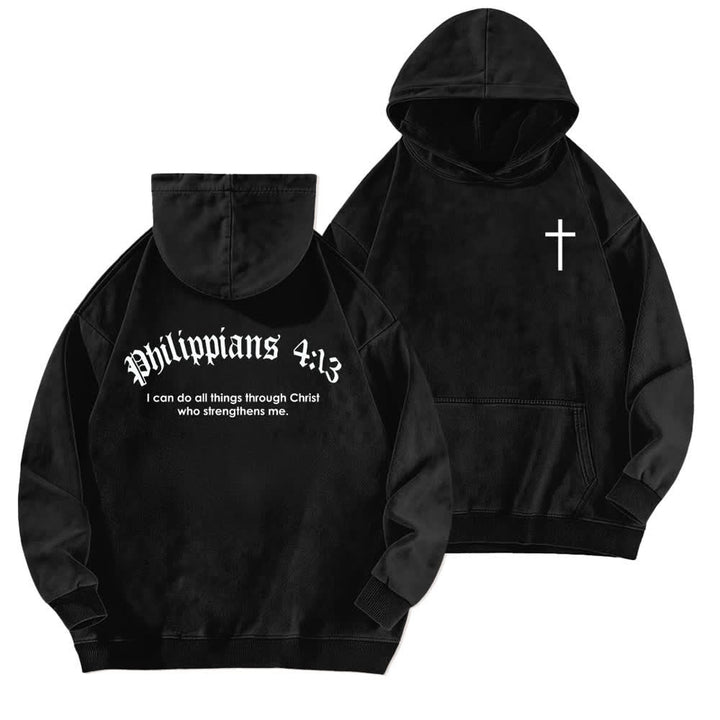 Christianartworkshop Philippians 4:13 Gothic Back Print Cross Washed Hoodie - Schwarz - 5XL - image 0