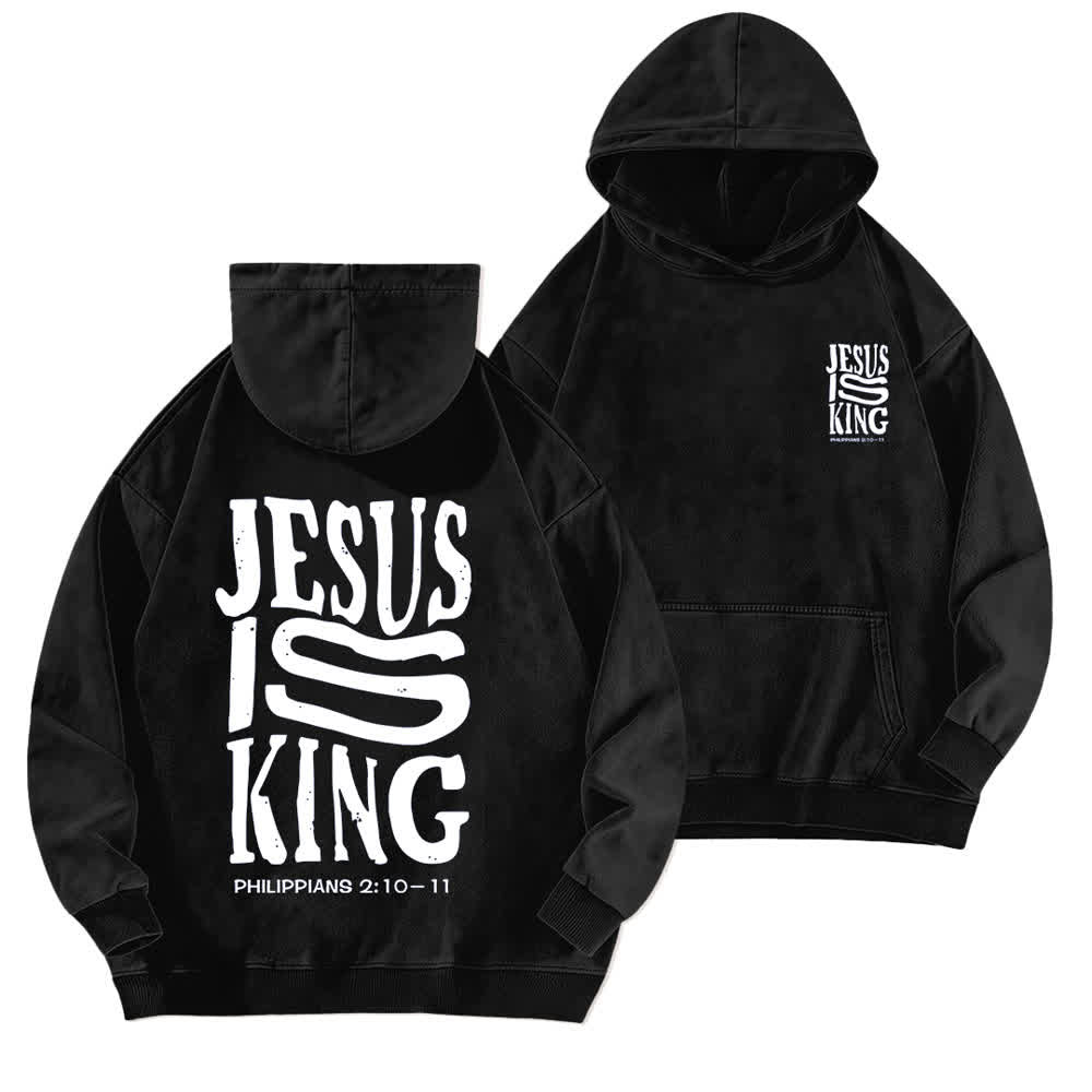 Christianartworkshop Jesus Is King Hoodie mit Vorder- und Rückseitendruck, gewaschen - Schwarz - 5XL - image 3