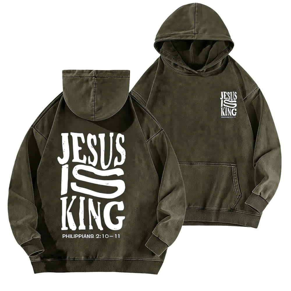 Christianartworkshop Jesus Is King Hoodie mit Vorder- und Rückseitendruck, gewaschen - Armeegrün - 5XL - image 0