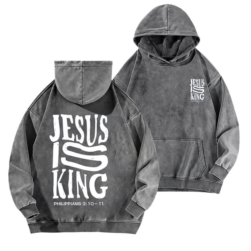 Christianartworkshop Jesus Is King Hoodie mit Vorder- und Rückseitendruck, gewaschen - Grau - 5XL - image 6