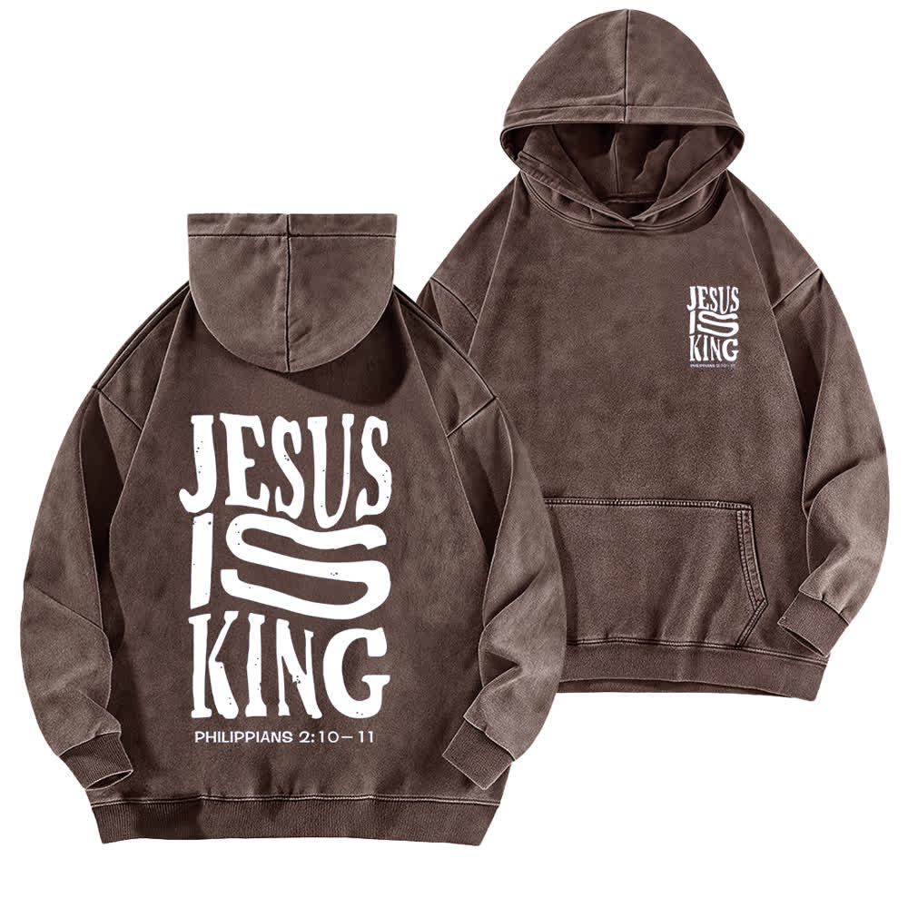 Christianartworkshop Jesus Is King Hoodie mit Vorder- und Rückseitendruck, gewaschen - Braun - 5XL - image 9