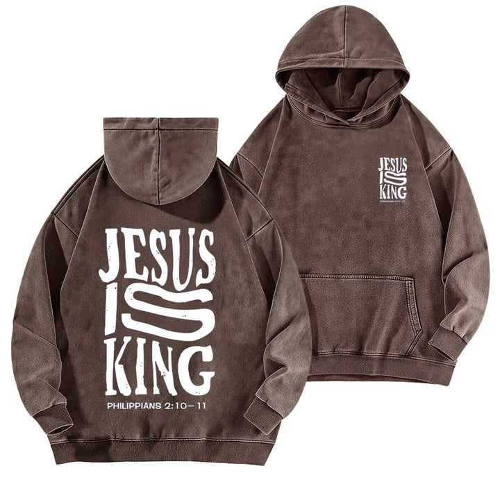 Christianartworkshop Jesus Is King Hoodie mit Vorder- und Rückseitendruck, gewaschen - Braun - 5XL - image 9