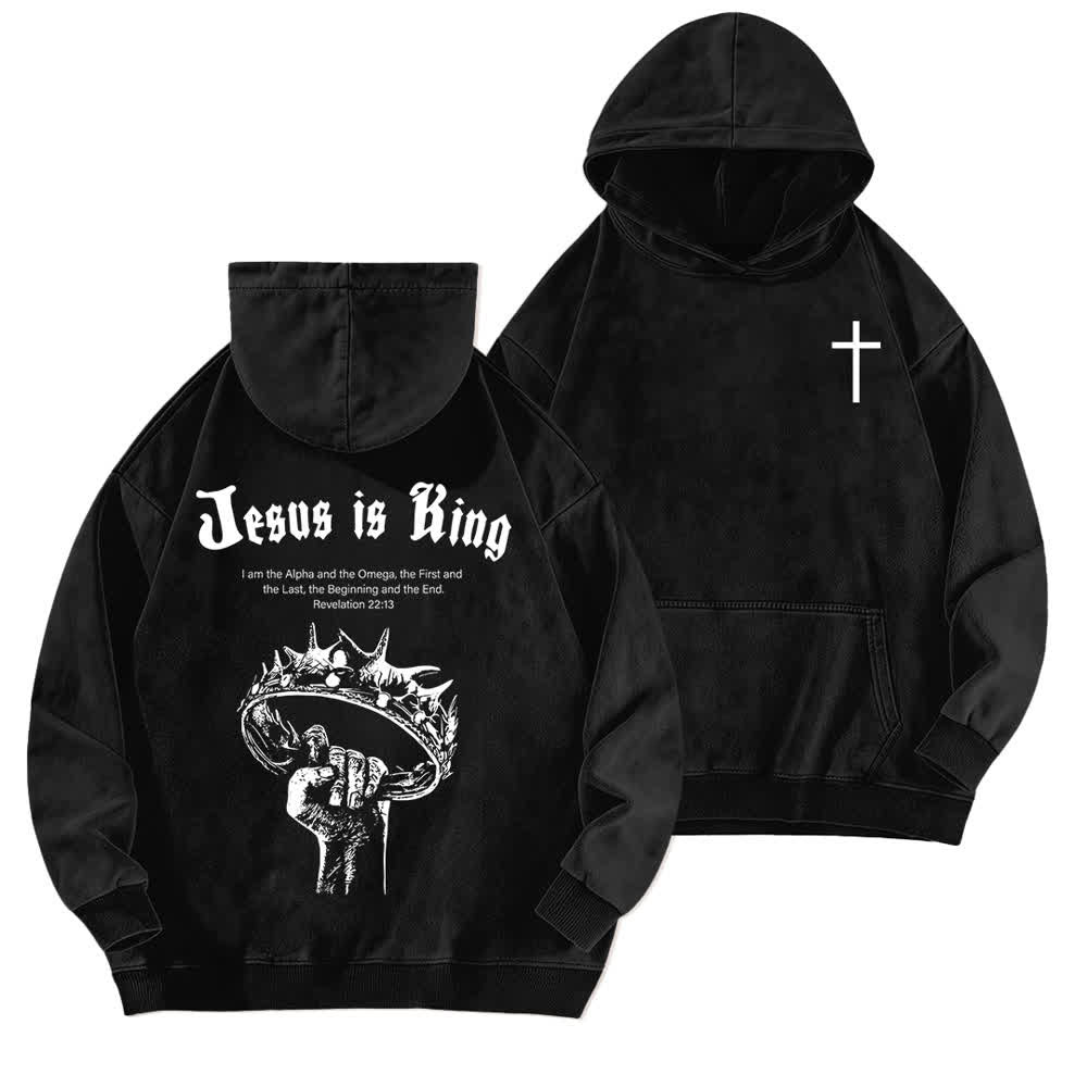 Christianartworkshop Jesus Is King Crown Of Thorns Washed Hoodie - Schwarz - 5XL - image 3