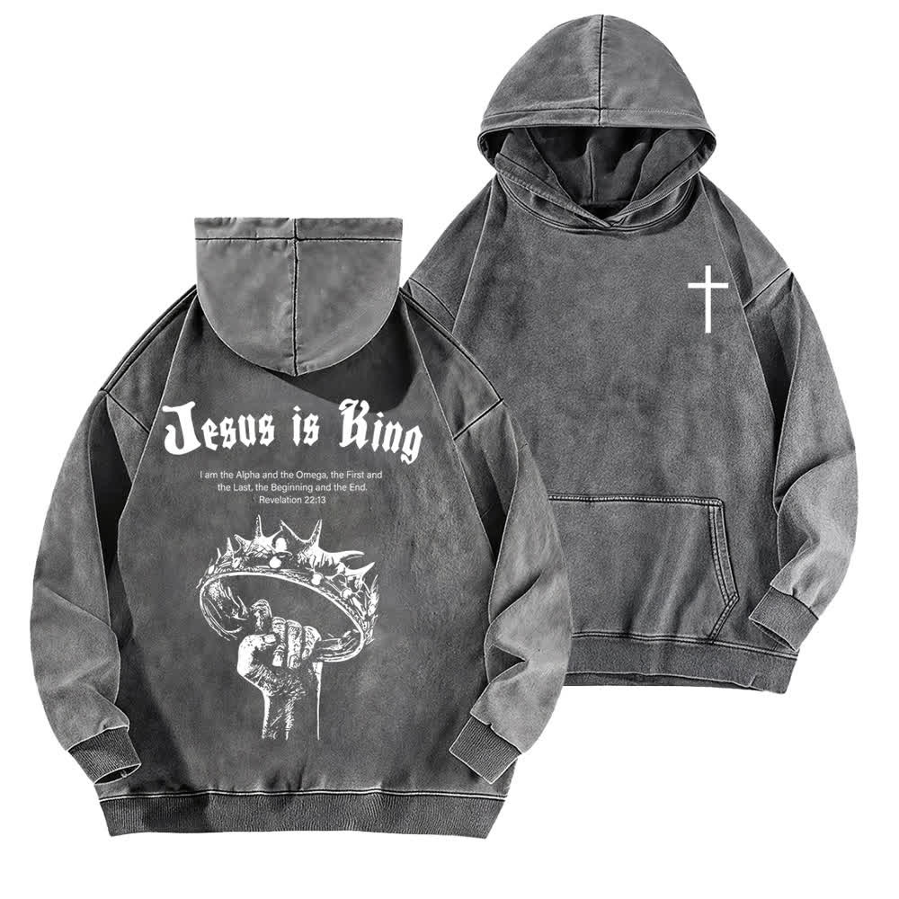 Christianartworkshop Jesus Is King Crown Of Thorns Washed Hoodie - Grau - 5XL - image 6