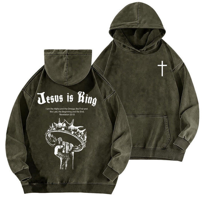 Christianartworkshop Jesus Is King Crown Of Thorns Washed Hoodie - Armeegrün - 5XL - image 9