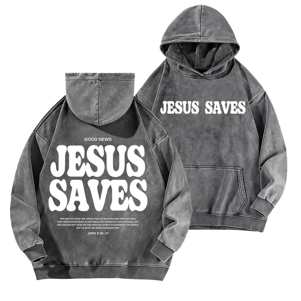 Christianartworkshop Jesus Saves Good News Hoodie (Vorder- und Rückseite, gewaschen) - Grau - 5XL - image 3