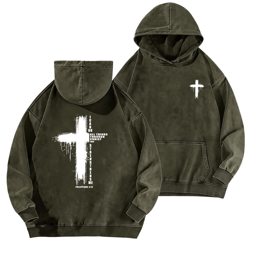 Christianartworkshop Vintage Hoodie mit Kreuzmotiv (Philipper 4,13) – Vorder- und Rückseite, gewaschen - Armeegrün - 5XL - image 0