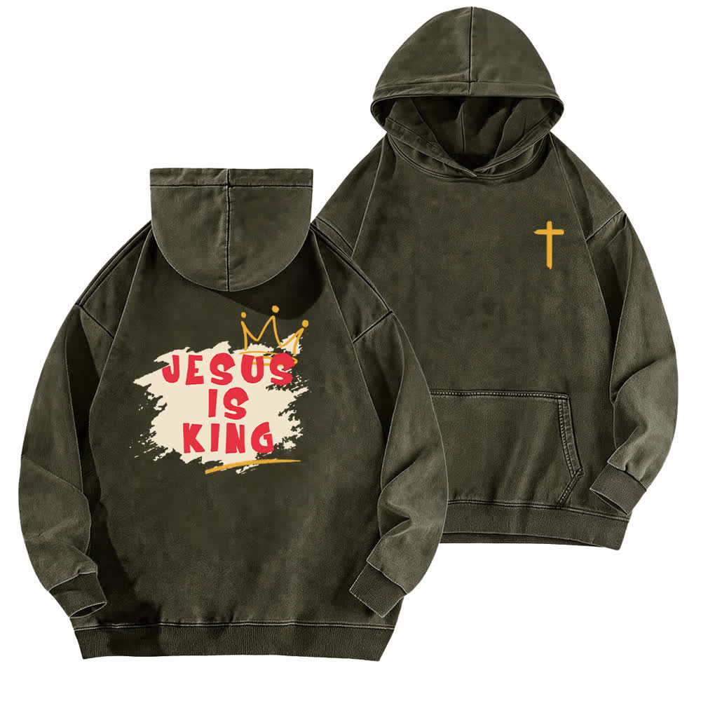 Christianartworkshop Jesus Is King Kronen-Rückenprint-Hoodie (gewaschen) - Armeegrün - 5XL - image 6