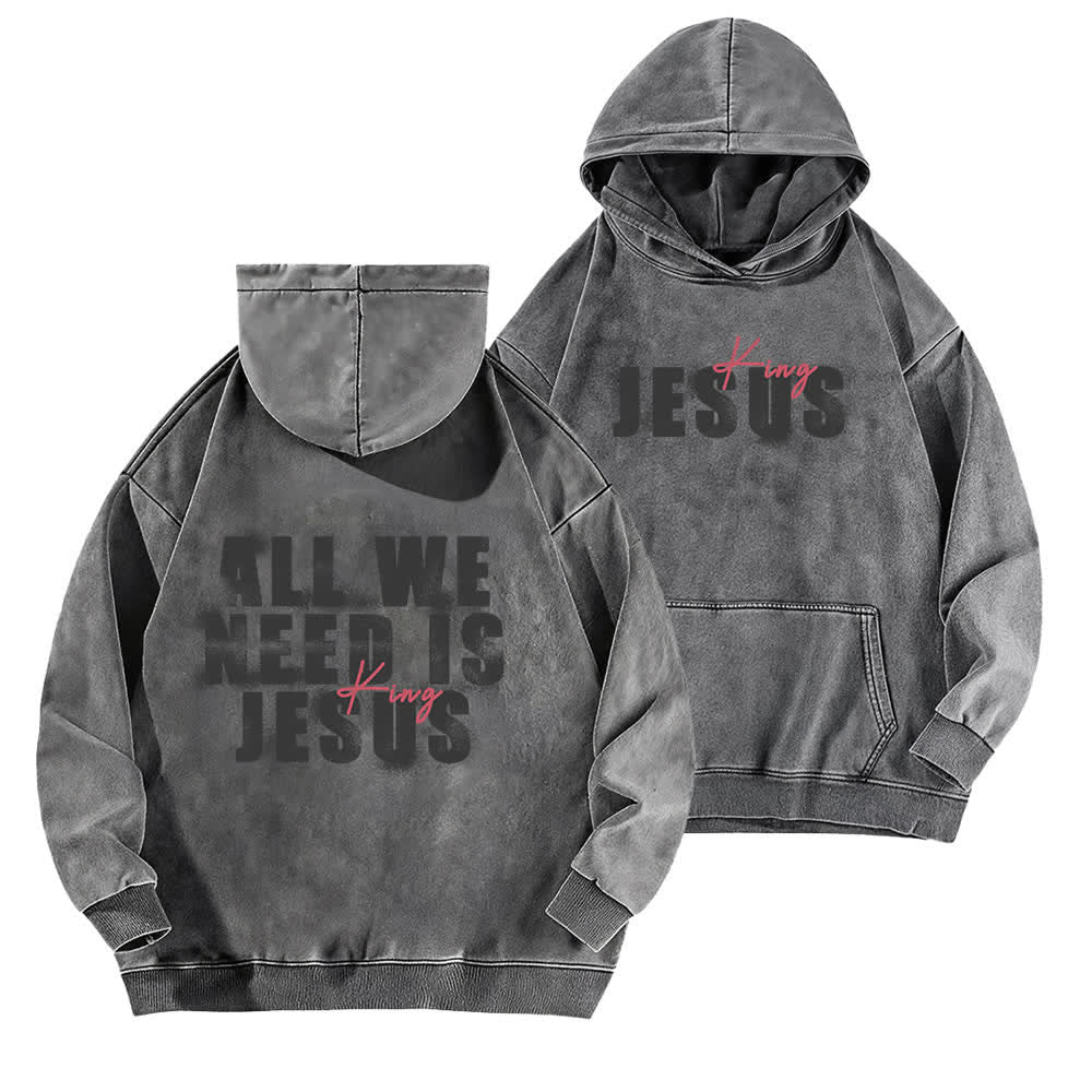 Christianartworkshop Jesus King Hoodie mit Vorder- und Rückseitendruck, gewaschen - Grau - 5XL - image 6