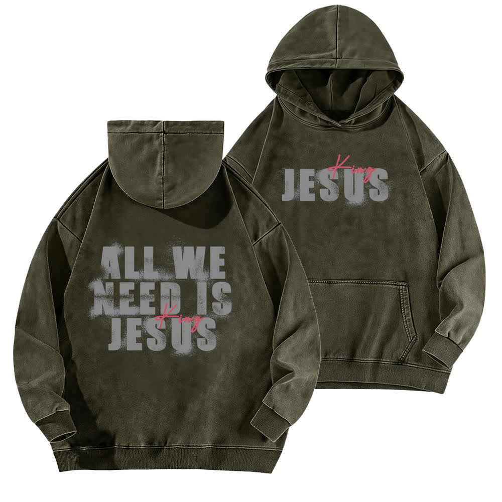 Christianartworkshop Jesus King Hoodie mit Vorder- und Rückseitendruck, gewaschen - Armeegrün - 5XL - image 9