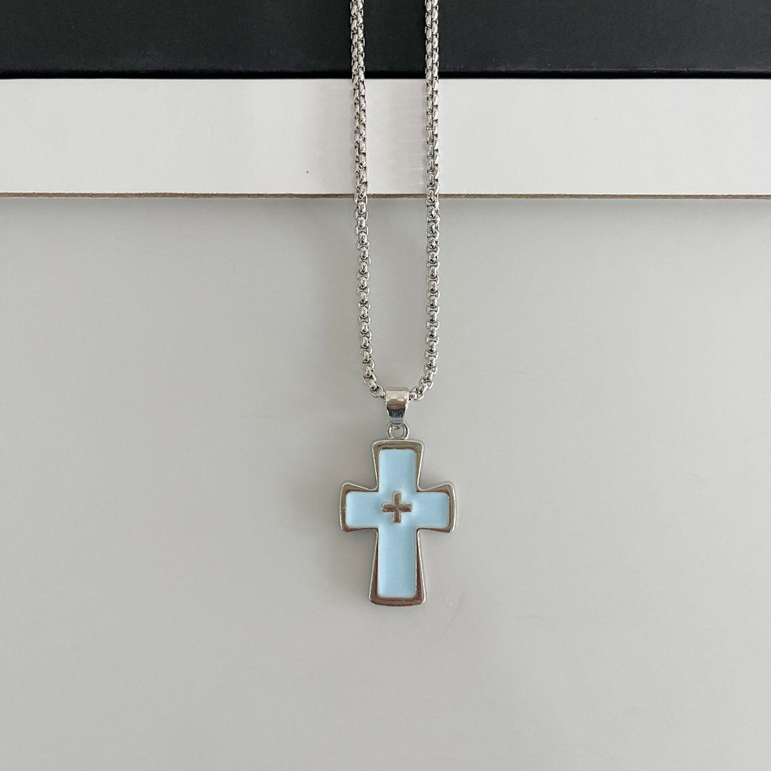 Christianartworkshop Doppelkreuz-Halskette mit polierter Lünettenfassung: Symbol zeitloser himmlischer Gnade - Himmelblau - image 5