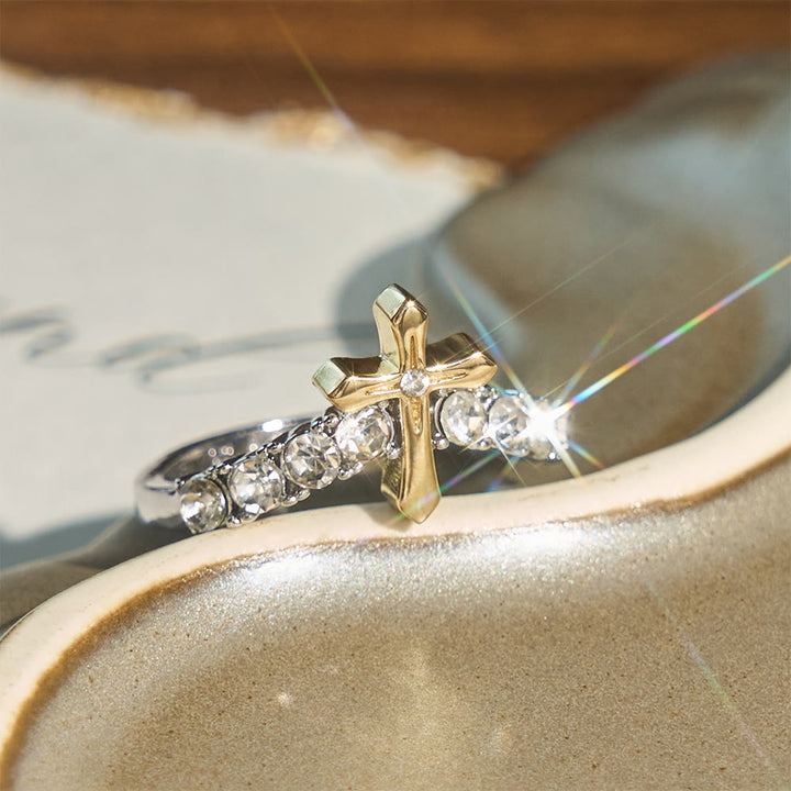 Christianartworkshop Ring mit erhabenem, juwelenbesetztem Kreuz und V-förmigem Band: Symbol des himmlischen Segens - US 11 - image 0