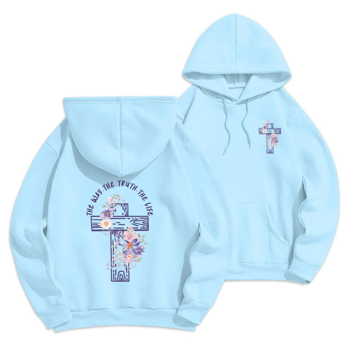 Christianartworkshop Der Weg, die Wahrheit, das Leben – Hoodie mit Blumenkreuz - Blau - 2XL - image 15