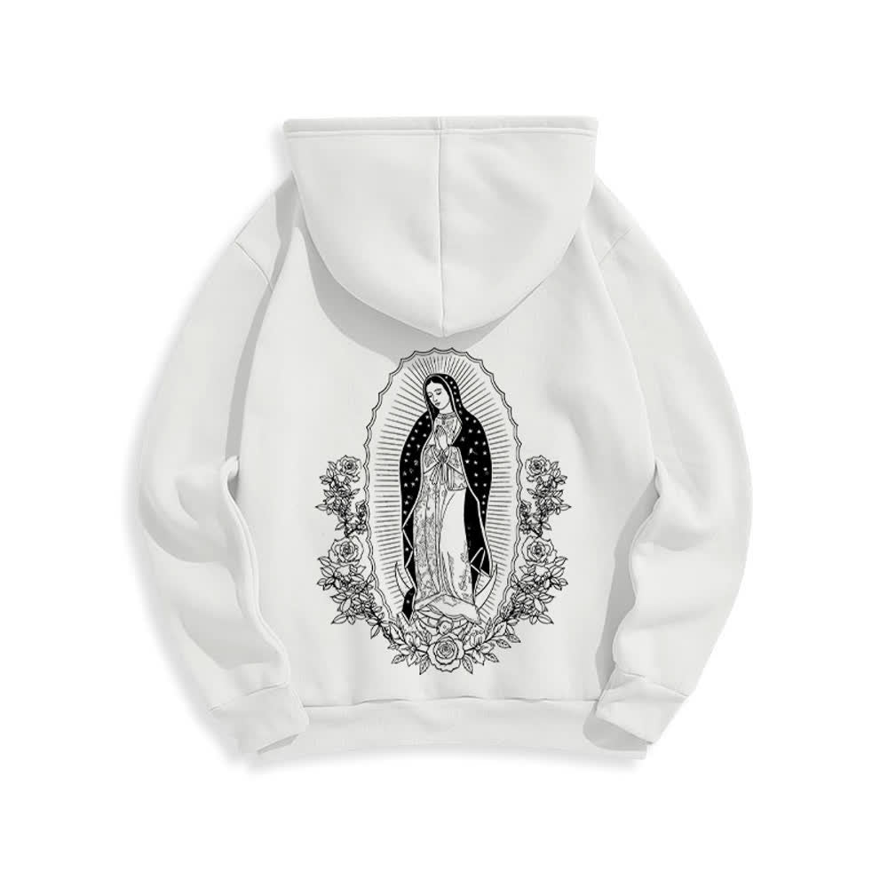 Christianartworkshop Streetwear-Pullover-Hoodie mit Blumenmuster und Jungfrau-Maria-Motiv - Weiß - 2XL - image 1