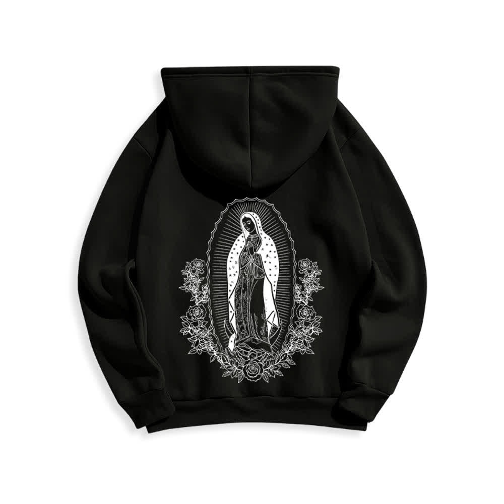 Christianartworkshop Streetwear-Pullover-Hoodie mit Blumenmuster und Jungfrau-Maria-Motiv - Schwarz - 2XL - image 2