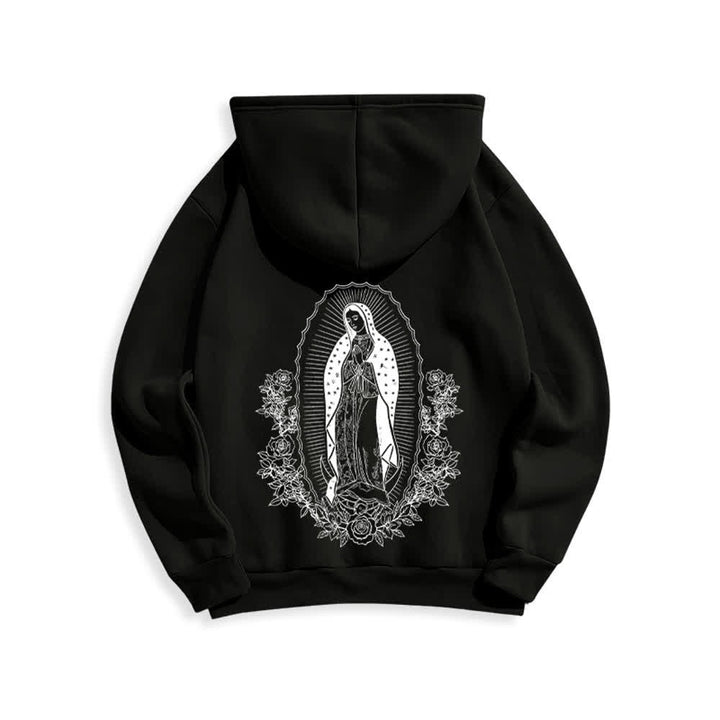 Christianartworkshop Streetwear-Pullover-Hoodie mit Blumenmuster und Jungfrau-Maria-Motiv - Schwarz - 2XL - image 2