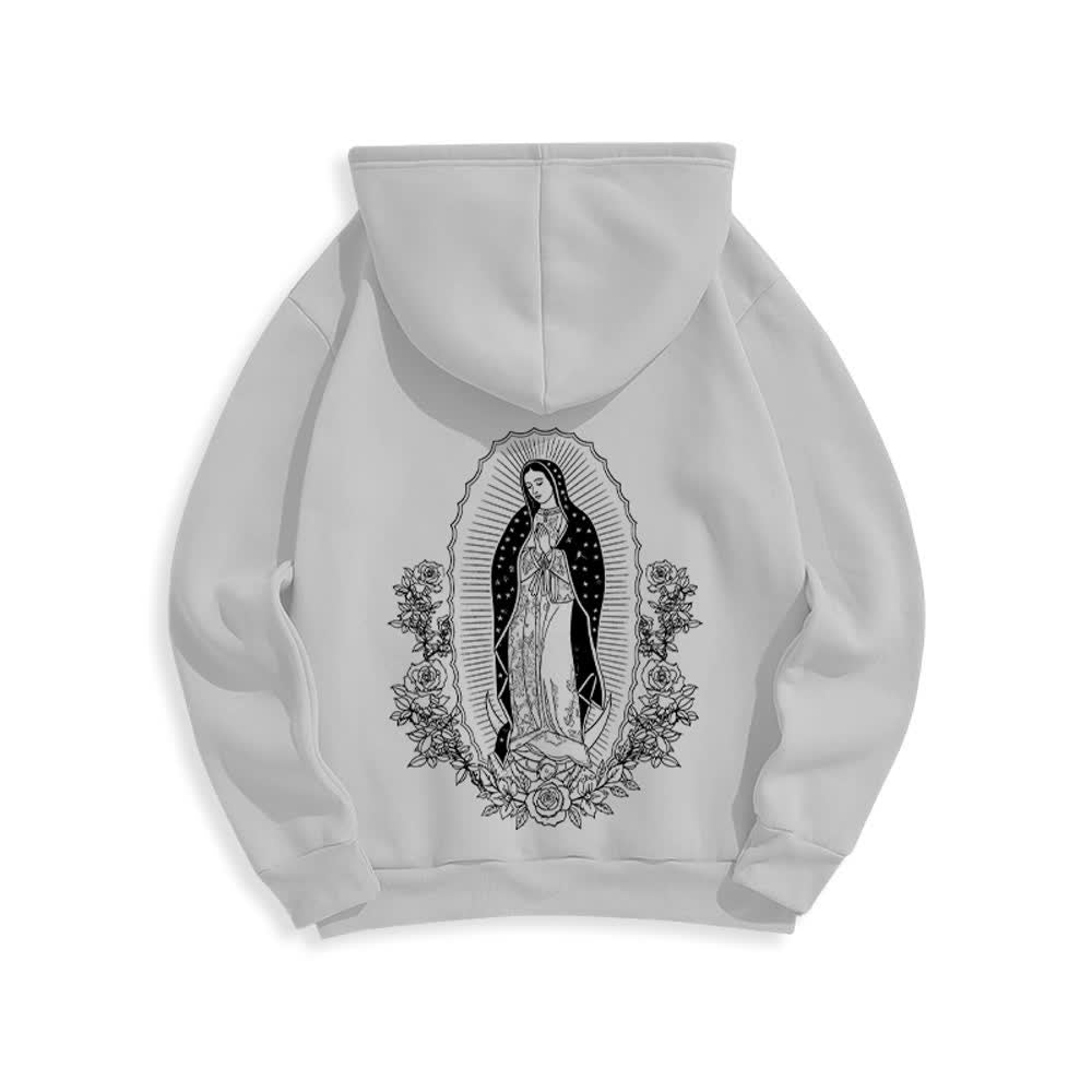 Christianartworkshop Streetwear-Pullover-Hoodie mit Blumenmuster und Jungfrau-Maria-Motiv - Grau - 2XL - image 3