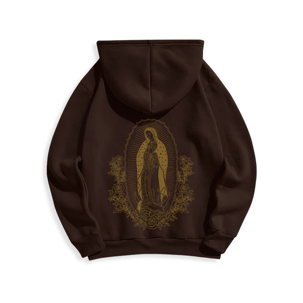 Christianartworkshop Streetwear-Pullover-Hoodie mit Blumenmuster und Jungfrau-Maria-Motiv - Braun - 2XL - image 6