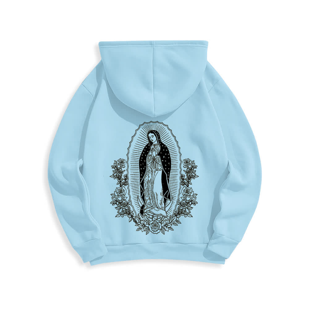 Christianartworkshop Streetwear-Pullover-Hoodie mit Blumenmuster und Jungfrau-Maria-Motiv - Blau - 2XL - image 0