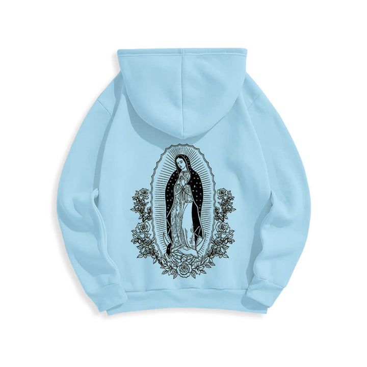 Christianartworkshop Streetwear-Pullover-Hoodie mit Blumenmuster und Jungfrau-Maria-Motiv - Blau - 2XL - image 0