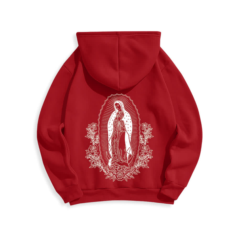 Christianartworkshop Streetwear-Pullover-Hoodie mit Blumenmuster und Jungfrau-Maria-Motiv - Rot - 2XL - image 5