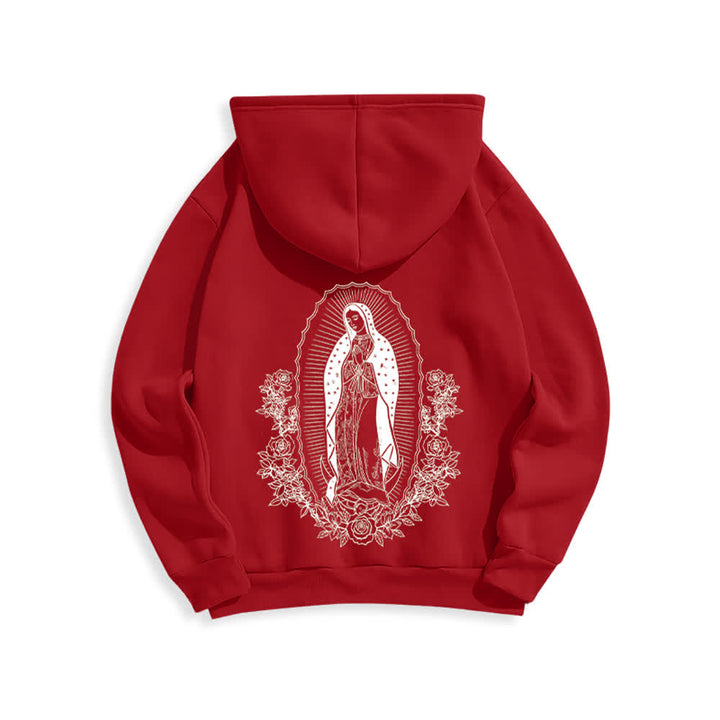 Christianartworkshop Streetwear-Pullover-Hoodie mit Blumenmuster und Jungfrau-Maria-Motiv - Rot - 2XL - image 5