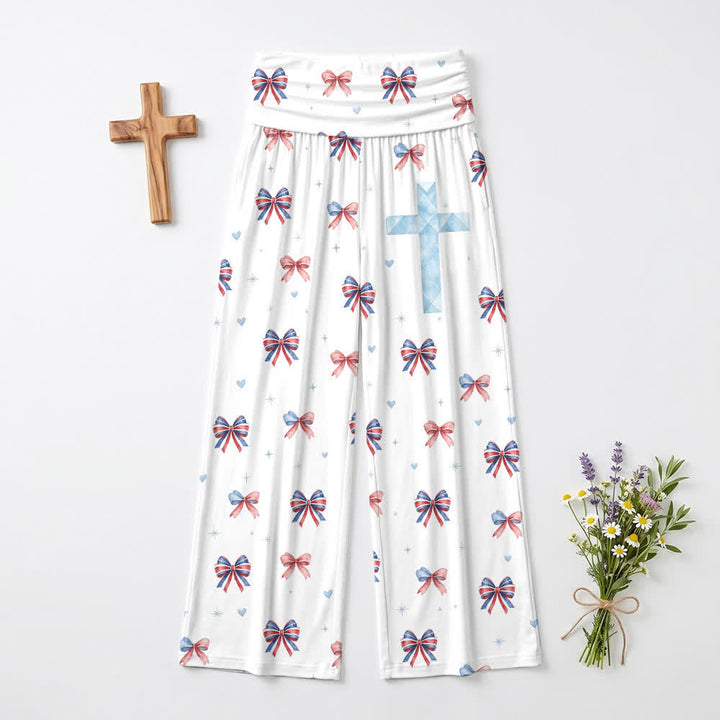 Christianartworkshop Sweet Bow Print Blue Cross Damen-Hose mit weitem Bein - image 2