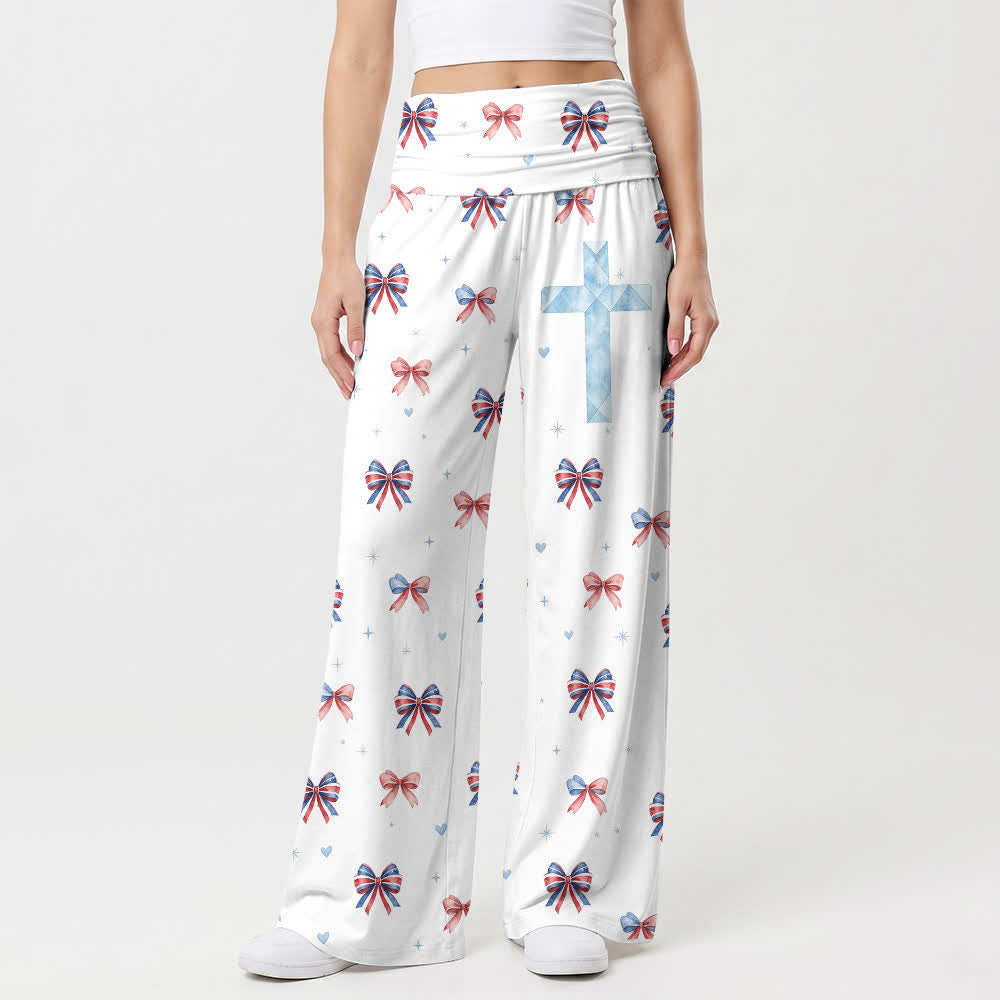 Christianartworkshop Sweet Bow Print Blue Cross Damen-Hose mit weitem Bein - US22, UK/AU26, EU54 - image 0