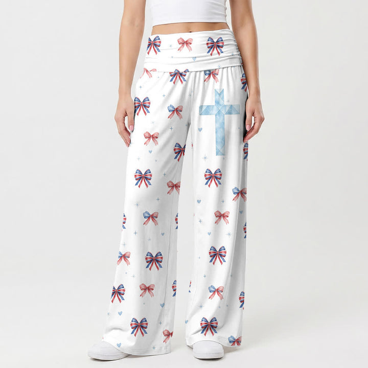 Christianartworkshop Sweet Bow Print Blue Cross Damen-Hose mit weitem Bein - US22, UK/AU26, EU54 - image 0
