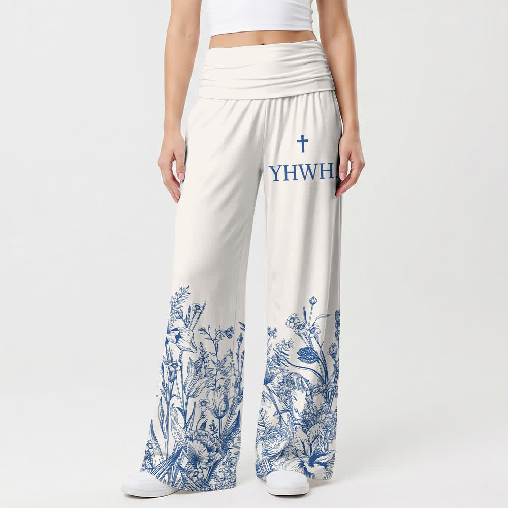 Christianartworkshop Blaue Damenhose mit Blumenmuster und umgeschlagenem Saum von YHWH mit weitem Bein - US22, UK/AU26, EU54 - image 0