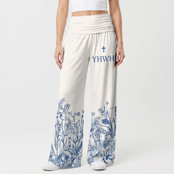 Christianartworkshop Blaue Damenhose mit Blumenmuster und umgeschlagenem Saum von YHWH mit weitem Bein - US22, UK/AU26, EU54 - image 0