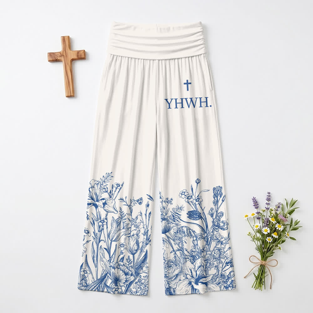 Christianartworkshop Blaue Damenhose mit Blumenmuster und umgeschlagenem Saum von YHWH mit weitem Bein - image 2
