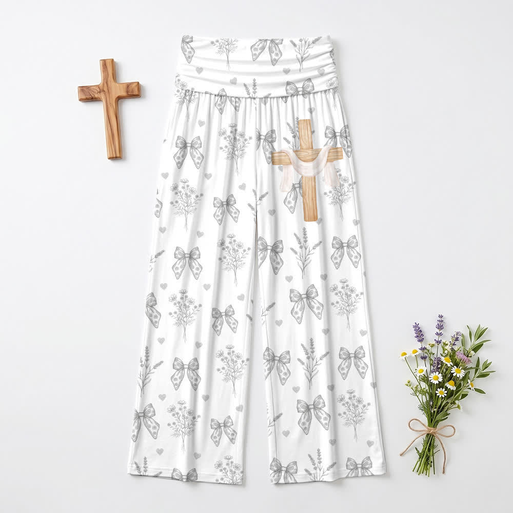 Christianartworkshop Hellgraue Damenhose mit Schleifen- und Blumenmuster, weites Bein - image 2