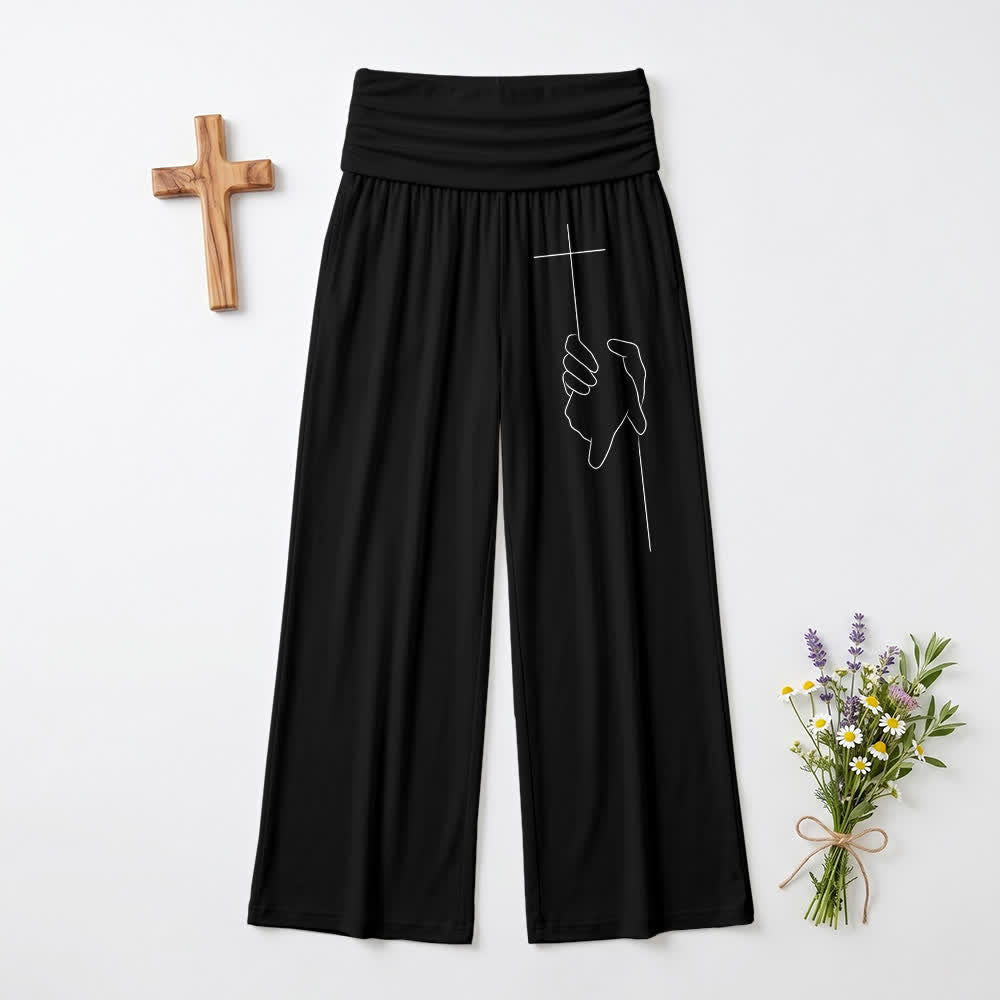 Christianartworkshop Elegante schwarze, weich fallende Damenhose mit weitem Bein und Kreuzlinienmuster - Schwarz - US22, UK/AU26, EU54 - image 0