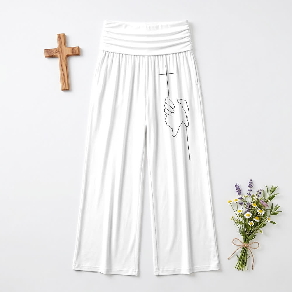 Christianartworkshop Elegante schwarze, weich fallende Damenhose mit weitem Bein und Kreuzlinienmuster - Weiß - US22, UK/AU26, EU54 - image 12