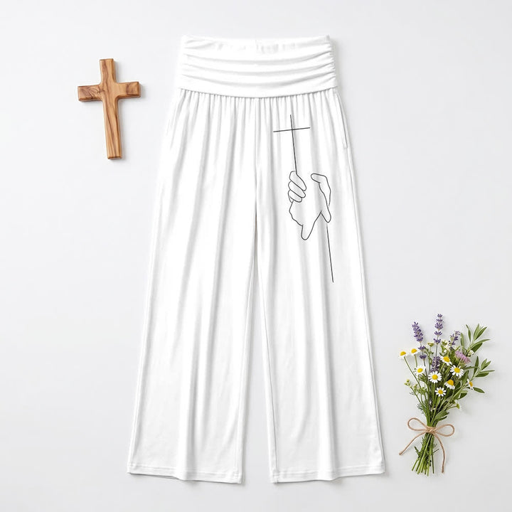Christianartworkshop Elegante schwarze, weich fallende Damenhose mit weitem Bein und Kreuzlinienmuster - Weiß - US22, UK/AU26, EU54 - image 12