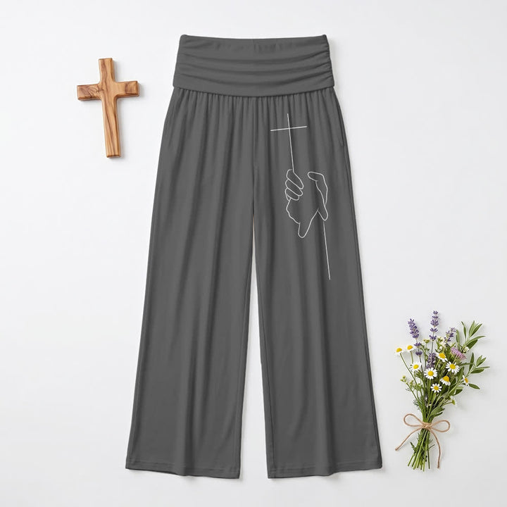 Christianartworkshop Elegante schwarze, weich fallende Damenhose mit weitem Bein und Kreuzlinienmuster - Grau - US22, UK/AU26, EU54 - image 6